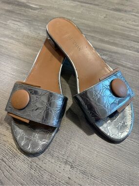 Stuart Weitzman Silver Croc-Embossed Slide Sandals with Tan Button Accent Sandal